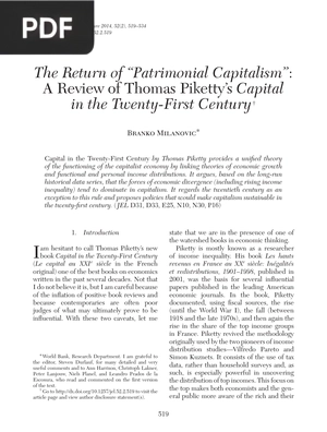 The Return of Patrimonial Capitalism A Review of Thomas Pikettys Capital in the Twenty First Century