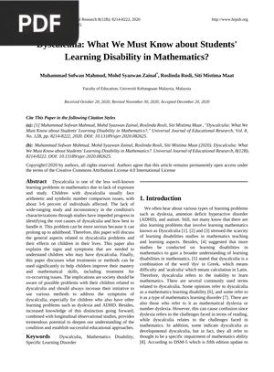 Dyscalculia: What We Must Know about Students Learning Disability in Mathematics?