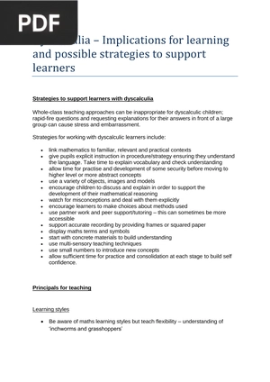 Dyscalculia – Implications for learning and possible strategies to support learners