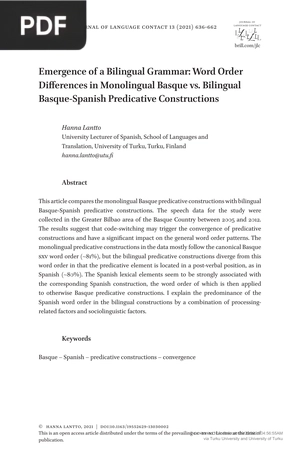 Emergence of a Bilingual Grammar: Word Order Differences in Monolingual Basque vs. Bilingual Basque-Spanish Predicative Constructions