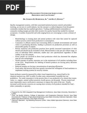 Quality management systems for agriculture - principles and case studies