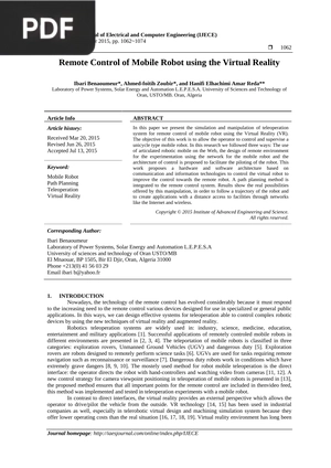 Remote Control of Mobile Robot using the Virtual Reality