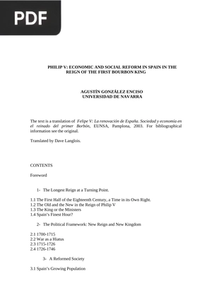 Philip V: Economic and Social Reform in Spain in the Reign of the First Bourbon King