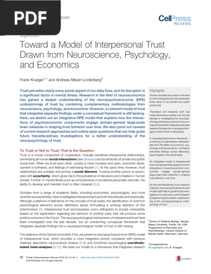 Toward a Model of Interpersonal Trust Drawn from Neuroscience, Psychology, and Economics (Article)