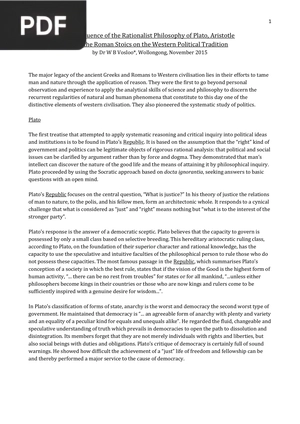 The Influence of the Rationalist Philosophy of Plato, Aristotle and the Roman Stoics on the Western Political Tradition (Article)