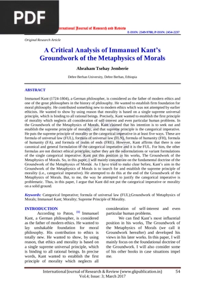 A Critical Analysis of Immanuel Kant’s Groundwork of the Metaphysics of Morals