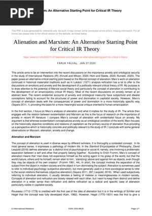 Alienation and Marxism - An Alternative Starting Point for Critical IR Theory (Article)