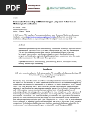 Hermeneutic Phenomenology and Phenomenology - A Comparison of Historical and Methodological Considerations