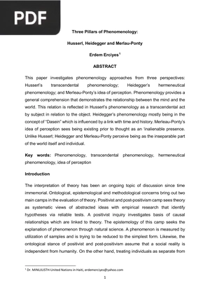 Three Pillars of Phenomenology - Husserl, Heidegger and Merlau-Ponty (Article)