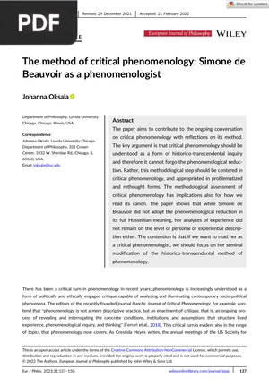 The method of critical phenomenology - Simone de Beauvoir as a phenomenologist