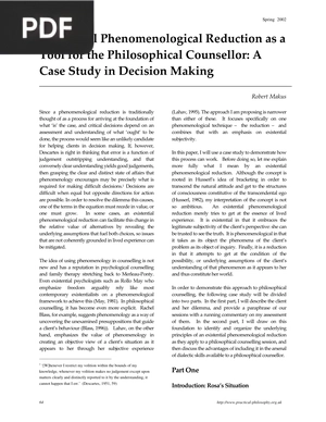 Existential Phenomenological Reduction as a Tool for the Philosophical Counsellor - A Case Study in Decision Making