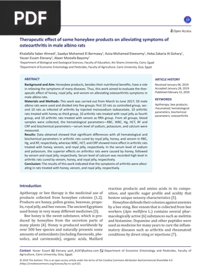 Therapeutic effect of some honeybee products on alleviating symptoms of osteoarthritis in male albino rats (Article)