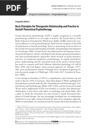 Basic Principles for Therapeutic Relationship and Practice in Gestalt Theoretical Psychotherapy
