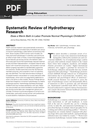 Systematic Review of Hydrotherapy Research- Does a Warm Bath in Labor Promote Normal Physiologic Childbirth?
