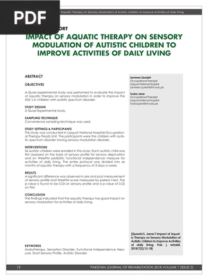 Impact of aquatic therapy on sensory modulation of autistic children to improve activities of daily living (Article)