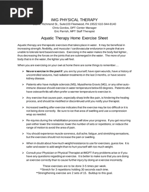 Aquatic Therapy Home Exercise Sheet