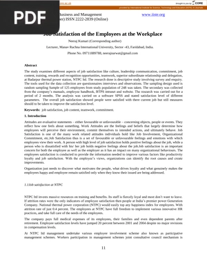 Job Satisfaction of the Employees at the Workplace