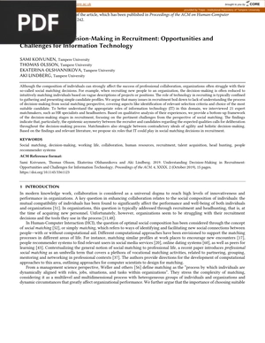 Understanding Decision-Making in Recruitment - Opportunities and Challenges for Information Technology