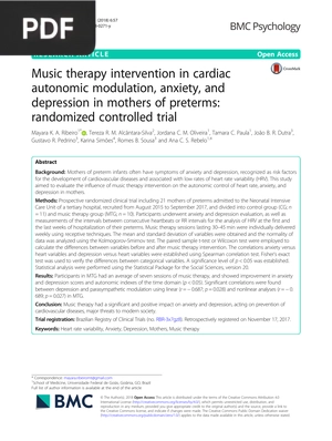 Music therapy intervention in cardiac autonomic modulation, anxiety, and depression in mothers of preterms: randomized controlled trial