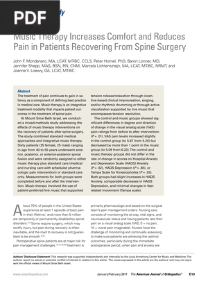 Music Therapy Increases Comfort and Reduces Pain in Patients Recovering From Spine Surgery