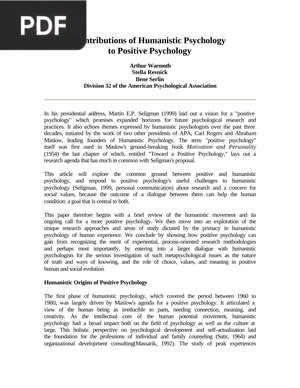 Contributions of Humanistic Psychology to Positive Psychology