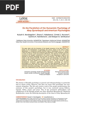 On the Parallelism of the Humanistic Psychology of Abay Qunanbayuliand American Psychologists