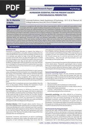 Humanism: Essential for the Present Society a Psychological Perspective (Article)