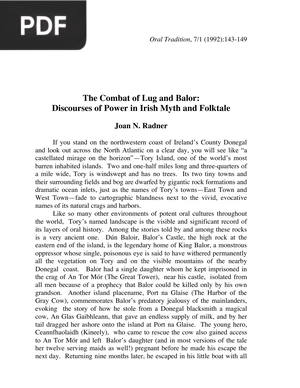 The Combat of Lug and Balor: Discourses of Power in Irish Myth and Folktale (Article)