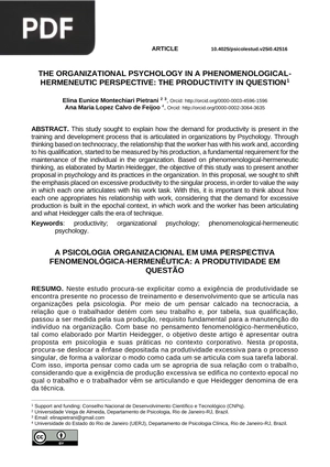 The Organizational Psychology in a Phenomenological-Hermeneutic Perspective: The Productivity in Question
