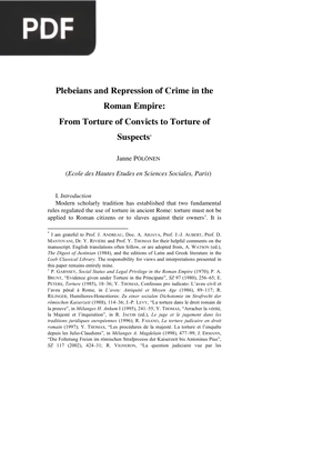 Plebeians and Repression of Crime in the Roman Empire From Torture of Convicts to Torture of Suspects