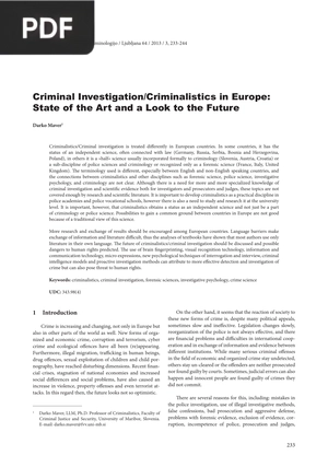 Criminal Investigation Criminalistics in Europe State of the Art and a Look to the Future (Article)
