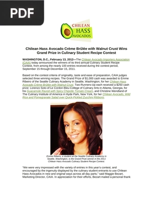 Chilean Hass Avocado Crème Brulée with Walnut Crust Wins Grand Prize in Culinary Student Recipe Contest