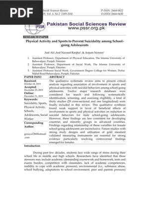 Physical Activity and Sports to Prevent Suicidality among School Going Adolescents