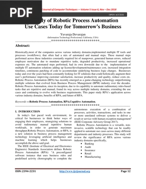 A Study of Robotic Process Automation Use Cases Today for Tomorrows Business  (Article)