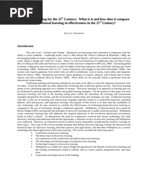 Discovery Learning for the 21st Century What is it and how Does it Compare to Traditional Learning in Effectiveness in the 21st Century