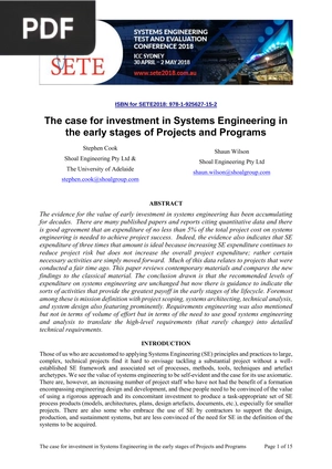 The case for Investment in Systems Engineering in the Early Stages of Projects and Programs
