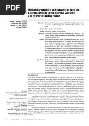 Clinical Characteristics and Outcomes of Obstetric Patients Admitted to the Intensive Care Unit a 10 Year Retrospective Review (Article)