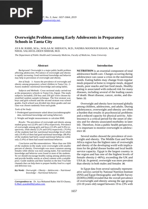 Overweight Problem among Early Adolescents in Preparatory Schools in Tanta City (Article)