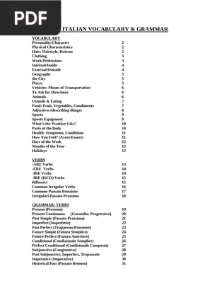 Basic Italian Vocabulary and Grammar