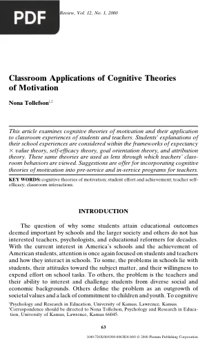 Classroom Applications of Cognitive Theories of Motivation