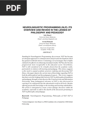 Neurolinguistic programming (NLP)- its overview and review in the lenses of philosophy and pedagogy