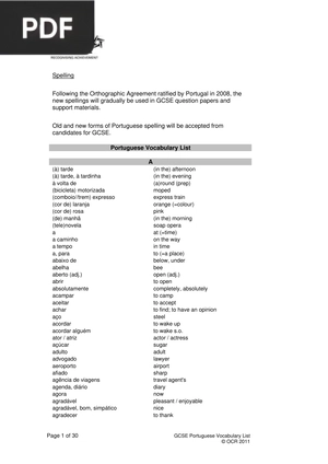 Portuguese Vocabulary List