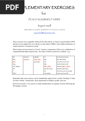 Supplementary Exercises for Teach Yourself Hindi
