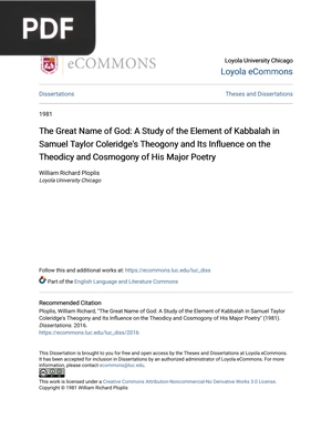 The Great Name of God: A Study of the Element of Kabbalah in Samuel Taylor Coleridge's Theogony and Its Influence on the Theodicy and Cosmogony of His Major Poetry
