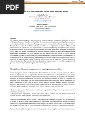 The significance of the quality management system in making management decisions