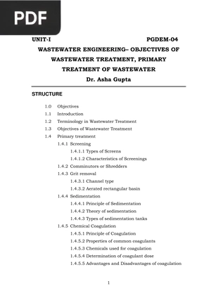 WasteWater Engineering - Objectives of Wastewater Treatment, Primary Treatment of Wastewater